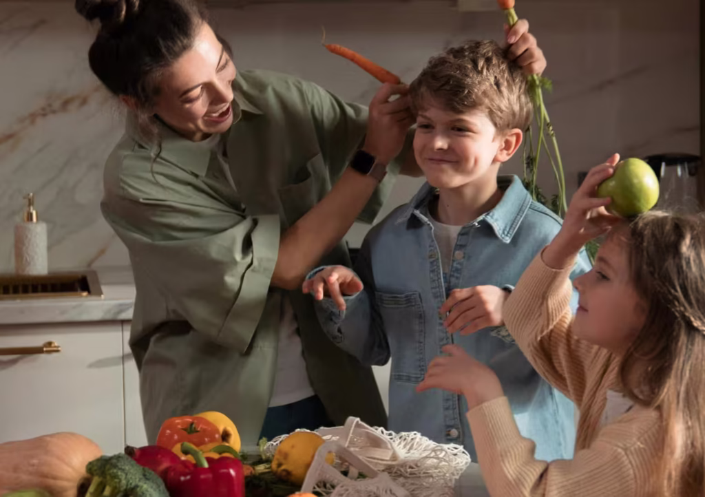 A happy family with fruits and vegetables